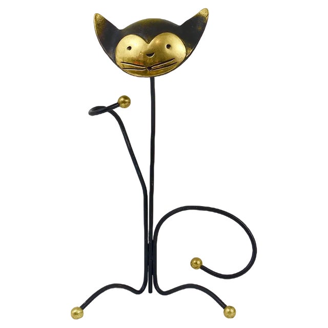 Brass Cat Wine Bottleholder by Walter Bosse attributed to Herta Baller, Austria, 1950s For Sale