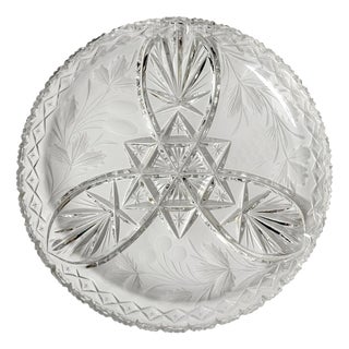Large Bohemian Hand-Cut Crystal 3-Part Fruit Bowl, 1930s For Sale