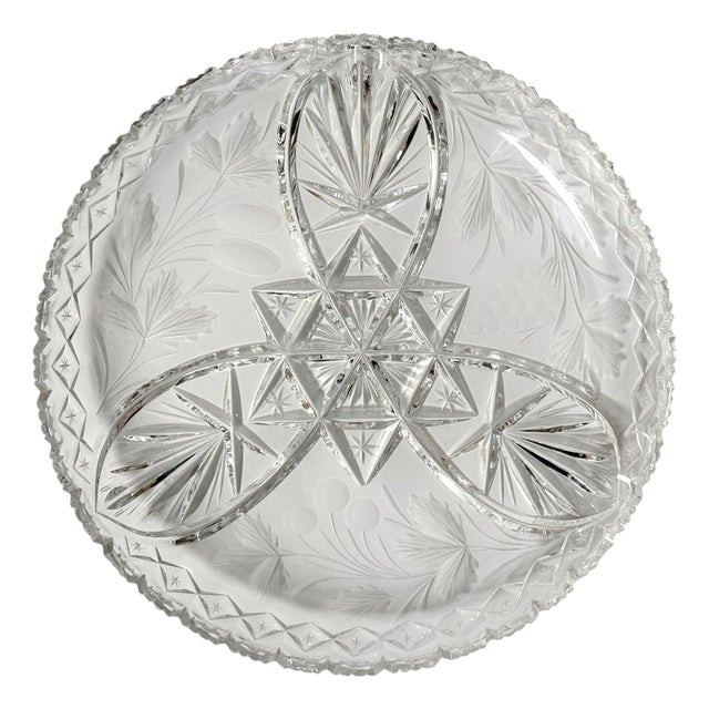 Large Bohemian Hand-Cut Crystal 3-Part Fruit Bowl, 1930s For Sale