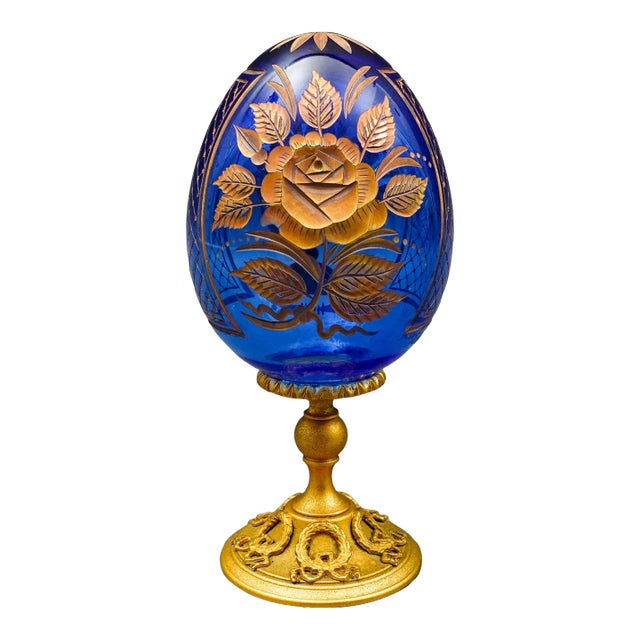 Mid 20th Century Faberge Cobalt Blue Cut Crystal Gold Gilt Rose Flower & Fruit Basket Egg #0681 For Sale