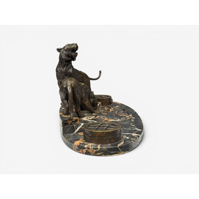 Bronze Art Deco, Inkwell Desk Set, Pen Holder, Marble, Bronze Panthers, 1920s For Sale - Image 8 of 13