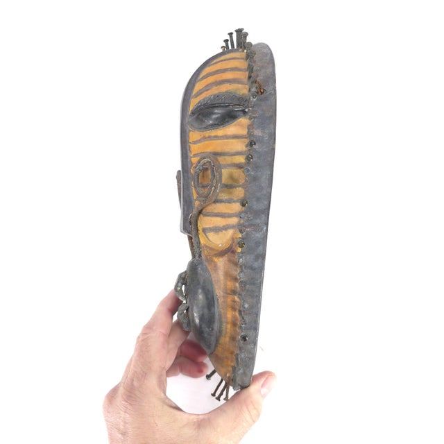 Mid-Century Modern Enzo Borgini Italian Mid Century Terra Cotta With Iron Sculpture Wall Art Tribal Mask For Sale - Image 3 of 6