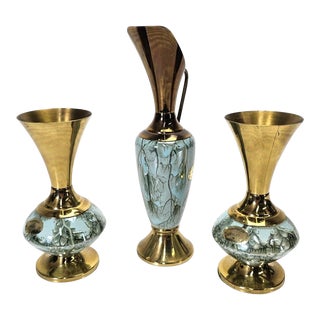 Delft Accents Brass Blue Gold Enamel Vases Set of 3 For Sale