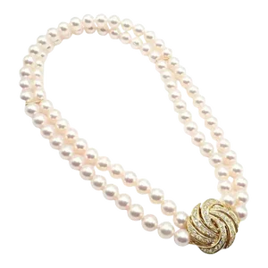 1990s Mikimoto Diamond Double Strand 8mm Cultured Pearl 18k Yellow Gold Necklace