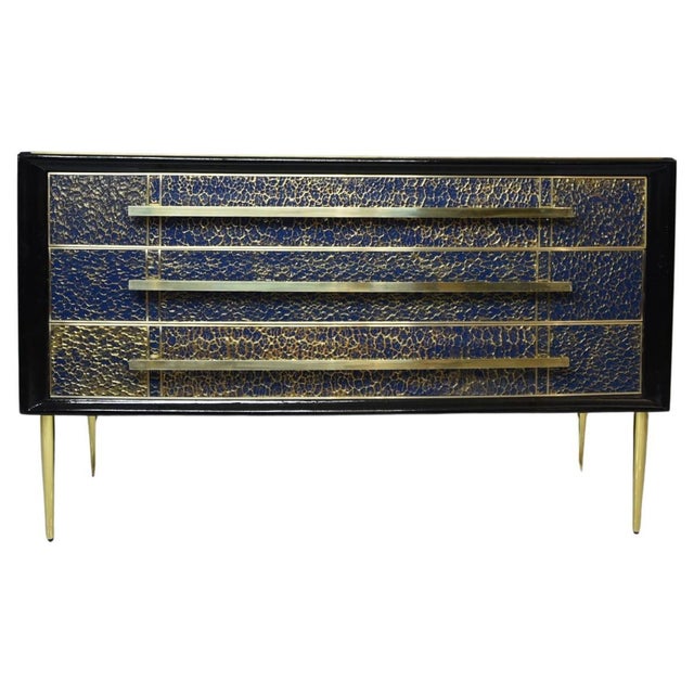 Three-drawer chest handcrafted in Italy by Justfurnituress, with a birch wood structure, sapphire blue Murano glass fronts...