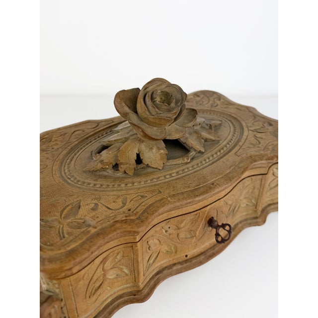 19th Century Antique Black Forest Carved Wood Jewelry Box with Rose, 1890s For Sale - Image 5 of 14