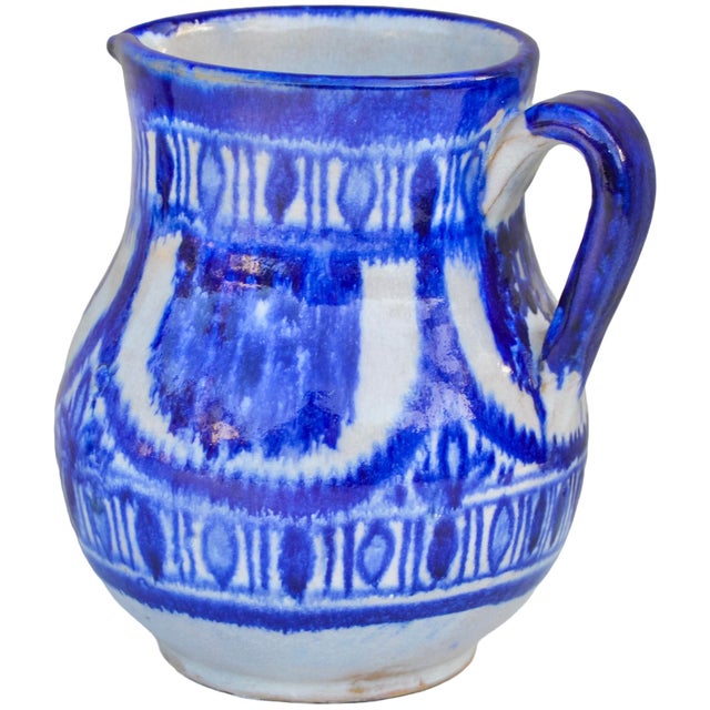 Moroccan Mid 20th Century Blue Moorish-Patterned Ceramic Art Decorative Pitcher For Sale - Image 3 of 8