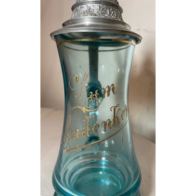 Large Antique 1800's Blown Gilt Blue Glass Pewter German Lidded Beer Stein Mug For Sale - Image 4 of 14