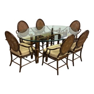 McGuire Furniture Oval Glass Top Dining Table + Six Double Cane Back Dining Armchairs, Vintage Set For Sale