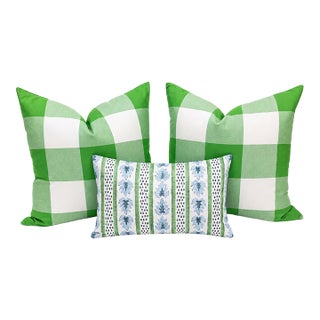 Two Buffalo Check Kelly Green and One Lumbar Pillow Down and Feather Inserts For Sale