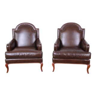 Baker Furniture Brown Leather Lounge Chairs, Pair For Sale