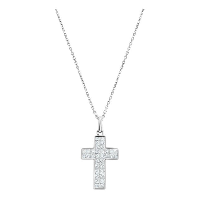 Princess Cut Diamond Cross Pendant 1.07cttw 14k White Gold For Sale