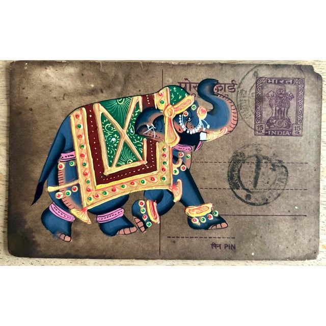 Mid 20th Century Mid 20th Century Vintage Indian Elephant Hand Painted Rajasthani Paper Postcard, Set of Four For Sale - Image 5 of 11