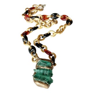 Vintage Artisan Green Calcite Mixed Media Statement Pendant Necklace For Sale