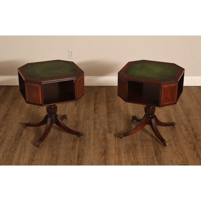 Elegant Pair of Regency Style Mahogany Side Tables Featuring Octagonal Tops with Green Tooled Leather Insets and Gilt...