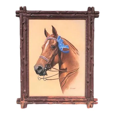 Horse Portrait w/ Hand-Carved Wood Frame For Sale