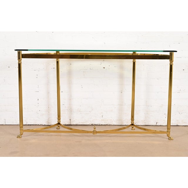 Labarge Hollywood Regency Brass and Glass Demilune Console Table With Hooved Feet, Circa 1960s For Sale - Image 13 of 14
