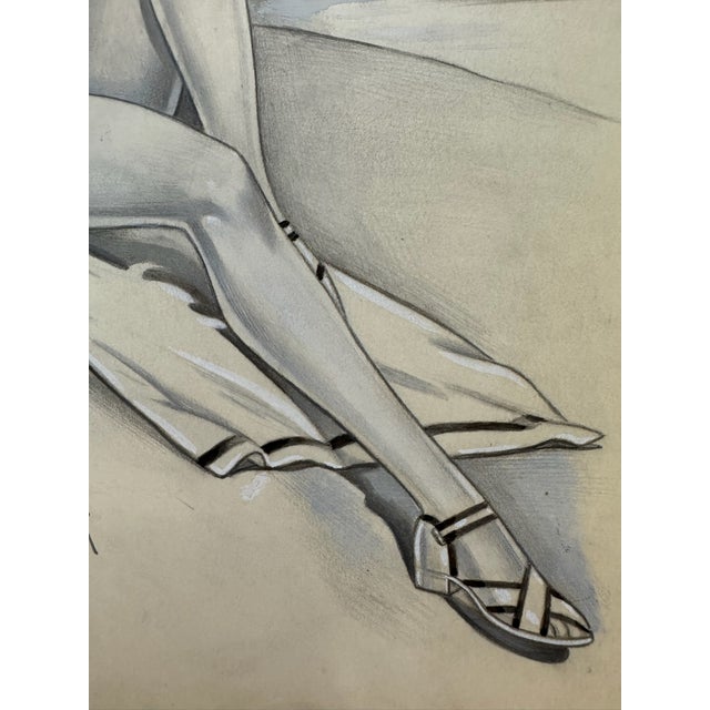 Illustration 1940s Original Signed Graphite Illustration of Seated Woman at the Beach, 11.5 X 10 In. For Sale - Image 3 of 6