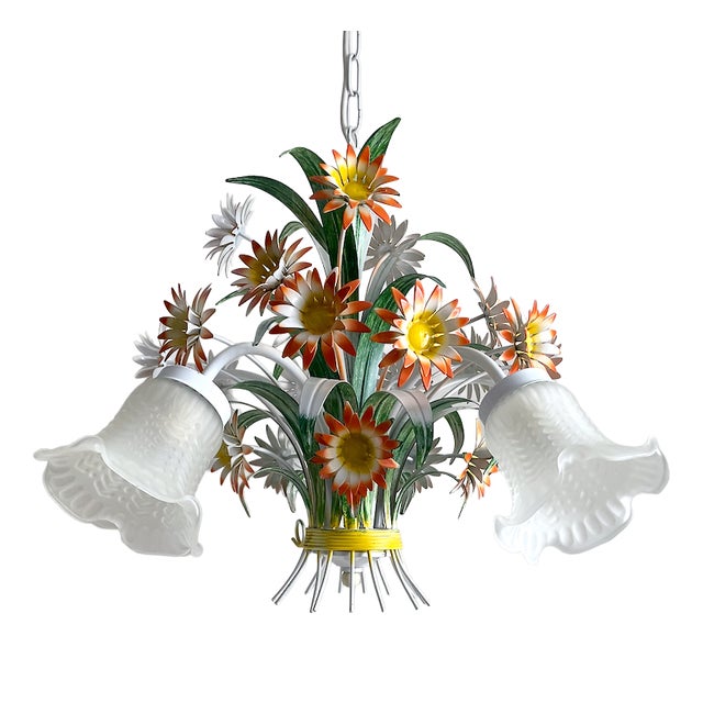 Vintage European Floral Tole Chandelier with Frosted Glass Tulip Shades, 1970s For Sale