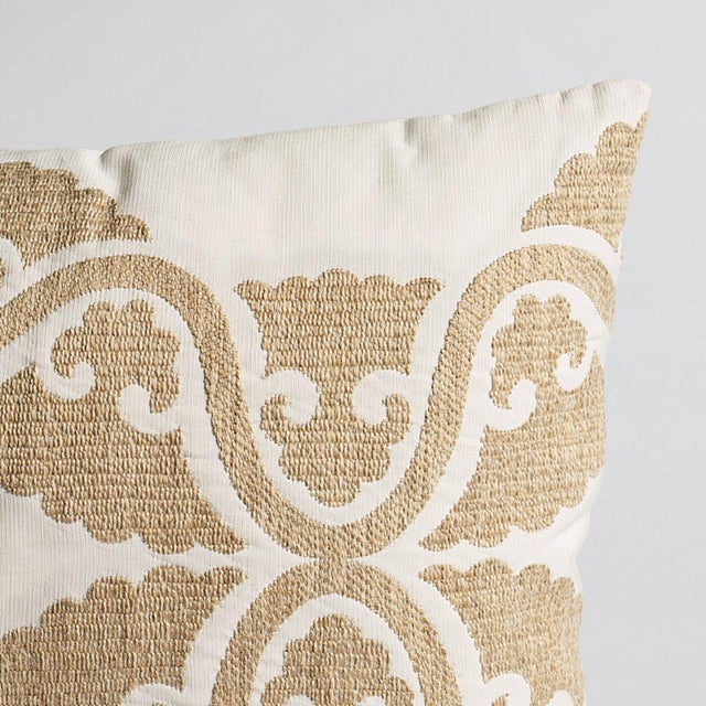 This pillow features Silijan with a Knife Edge finish. Our Siljan pattern in ivory is a study in subtle contrasts....