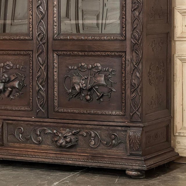 19th Century Renaissance Revival Hand-Carved Oak Triple Bookcase For Sale - Image 12 of 18