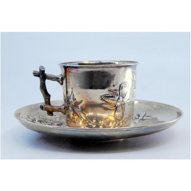 Art Nouveau Silver Cup and Saucer with Insects and Floral Motifs Relief and Tree Trunk-Shaped Handle, Set of 2 For Sale - Image 3 of 9