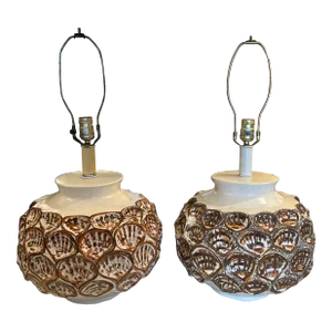 Brown Tan and Off-White Shell Motif Ceramic Lamps a Pair
