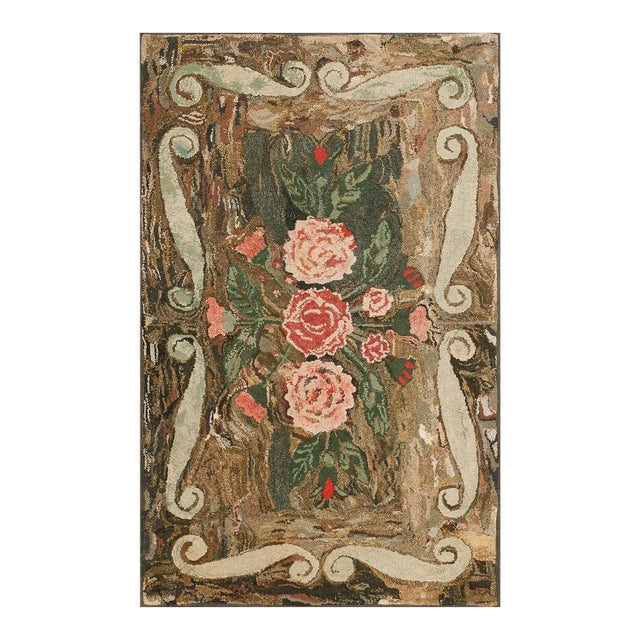 1880s Green Floral Folk Art Antique American Hooked Rug 3'10" X 6'3" Hand Knotted Wool Carpet For Sale