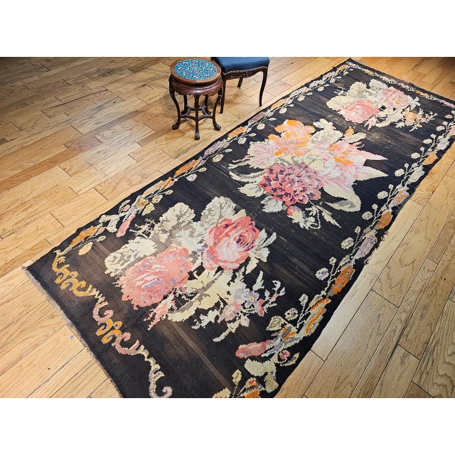 19th Century Vintage Caucasian Karabagh Kilim, Floral wreath Design, Handwoven Wool, 5' x 14' For Sale - Image 5 of 17