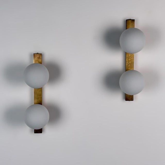 Stilnovo Brass and Opaline Glass Double Sconces, Italy, 1960s, Set of 2 For Sale - Image 6 of 18