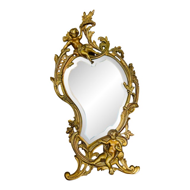 Antique French Rococo Gilt Bronze Vanity Mirror With Cherubs For Sale