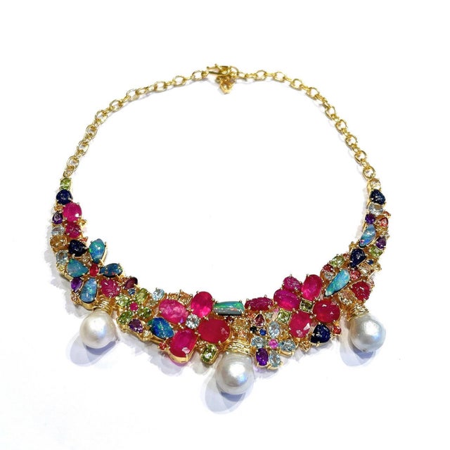 Baroque Bochic "Capri" Vintage Ruby, Amethyst, Sapphire & Pearl Necklace 18K Gold & Silver For Sale - Image 3 of 18