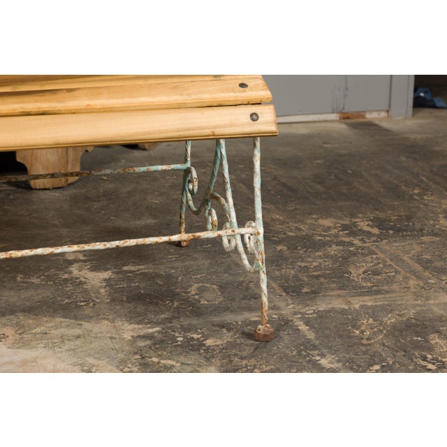 French 1920s French Rustic Iron Garden Bench with Scrolling Motifs and Slatted Seat For Sale - Image 3 of 12