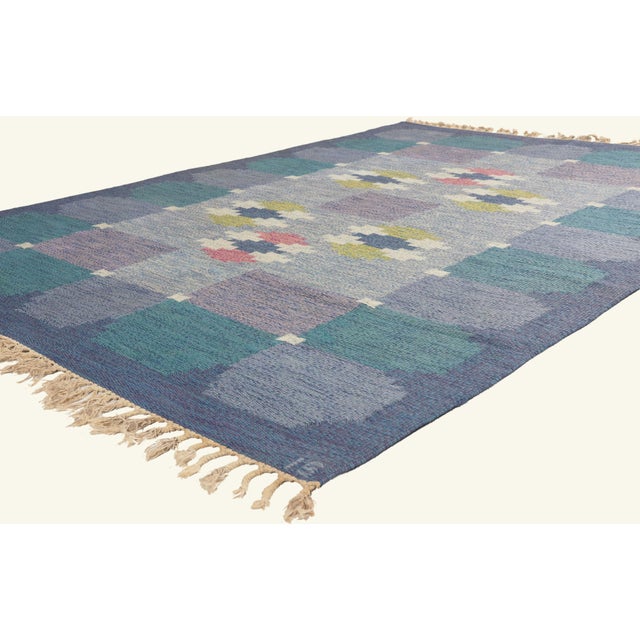 79779 Vintage Swedish Rollakan Rug, 05'05 x 07'06. The Nordic Reverie: A Vintage Swedish Röllakan Masterpiece by Ingegerd...