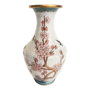 Vintage Cloisonne Cherry Blossom Brass Chinoiserie Flower Vase