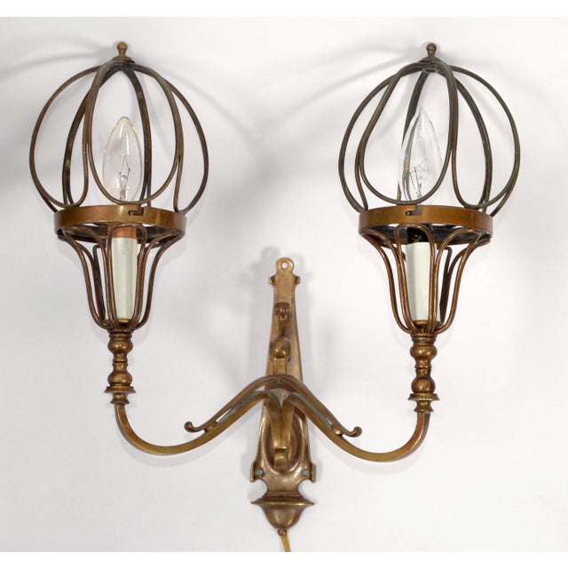 Metal 1920s Pair Art Deco French Brass Blown Encased Art Glass Shades Sconces Wall Lamps For Sale - Image 7 of 12