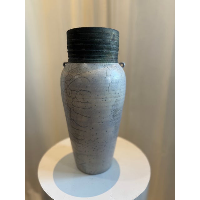 Gray Late 20th Century Handcrafted Raku Ceramic Vase With Crackled Glaze and Drainage Hole For Sale - Image 8 of 10