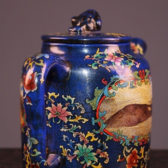 Ceramic Vintage Yixing Zisha Teapot With Box – Painted Enamel Tiger & Buffalo Motif For Sale - Image 7 of 9