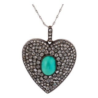 Late 19th Century Victorian Turquoise Diamond Silver Heart Pendant Necklace For Sale