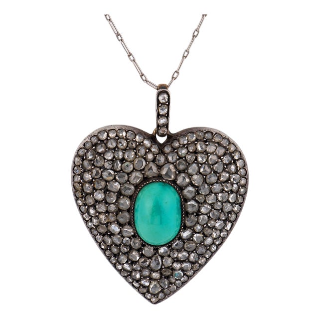 Late 19th Century Victorian Turquoise Diamond Silver Heart Pendant Necklace For Sale