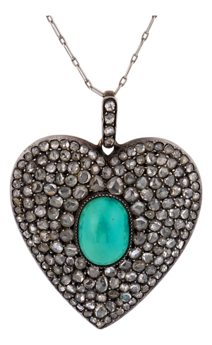Late 19th Century Victorian Turquoise Diamond Silver Heart Pendant Necklace