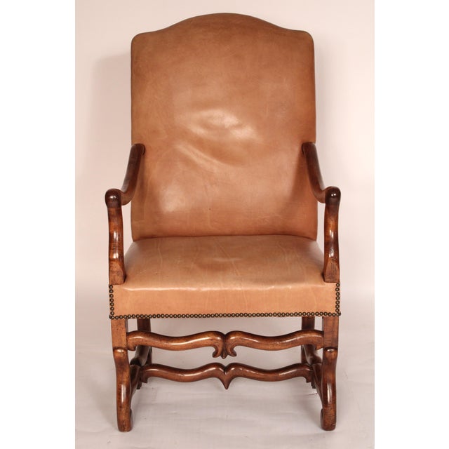 French Pair of Louis XIV Style Leather Upholstered Walnut Armchairs For Sale - Image 3 of 11