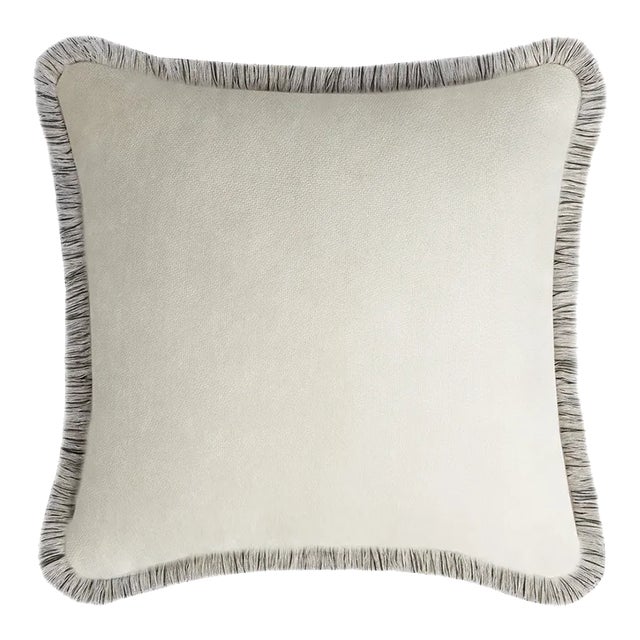 HAPPY PILLOW EDITION Velvet Dirty White Cushion with Multicoloured Fringes by Lorenza Briola for LO Decor For Sale