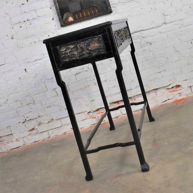 Early 20th Century Early 20th Century Antique Lacquered Asian Console Table & Mirror with Hand Carved Lacquer Figures & Florals - a Pair For Sale - Image 5 of 13