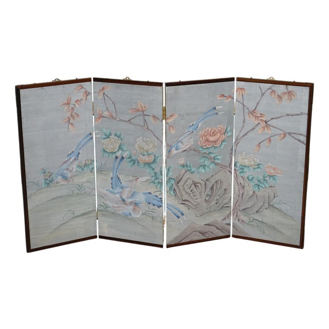 Vintage Oriental Room Divider with Birds and Flowers For Sale