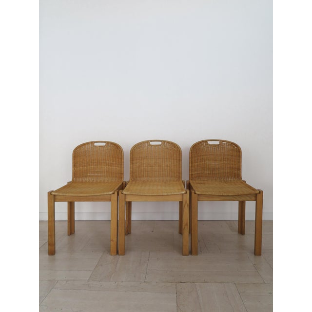 Mid-Century Modern Vintage Oak and Wicker Chairs by Luciano Bertoncini for Bellato, 1970s, Set of 6 For Sale - Image 3 of 18