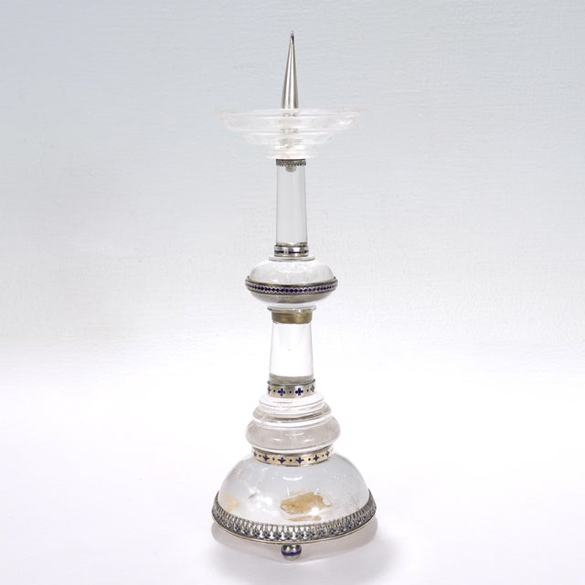 Antique Austrian Rock Crystal, Silver, and Blue Enamel Pricket Candlestick For Sale - Image 4 of 12
