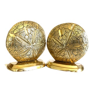 1980s Vintage Brass Sand Dollar Bookends, Matched Pair For Sale