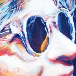 Summer Sun by Tracy Wall | Oil on Wood Panel Close-up of a face wearing sunglasses For Sale