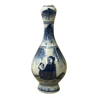 6" Oriental Blue White Scenery Graphic Small Porcelain Art Vase For Sale